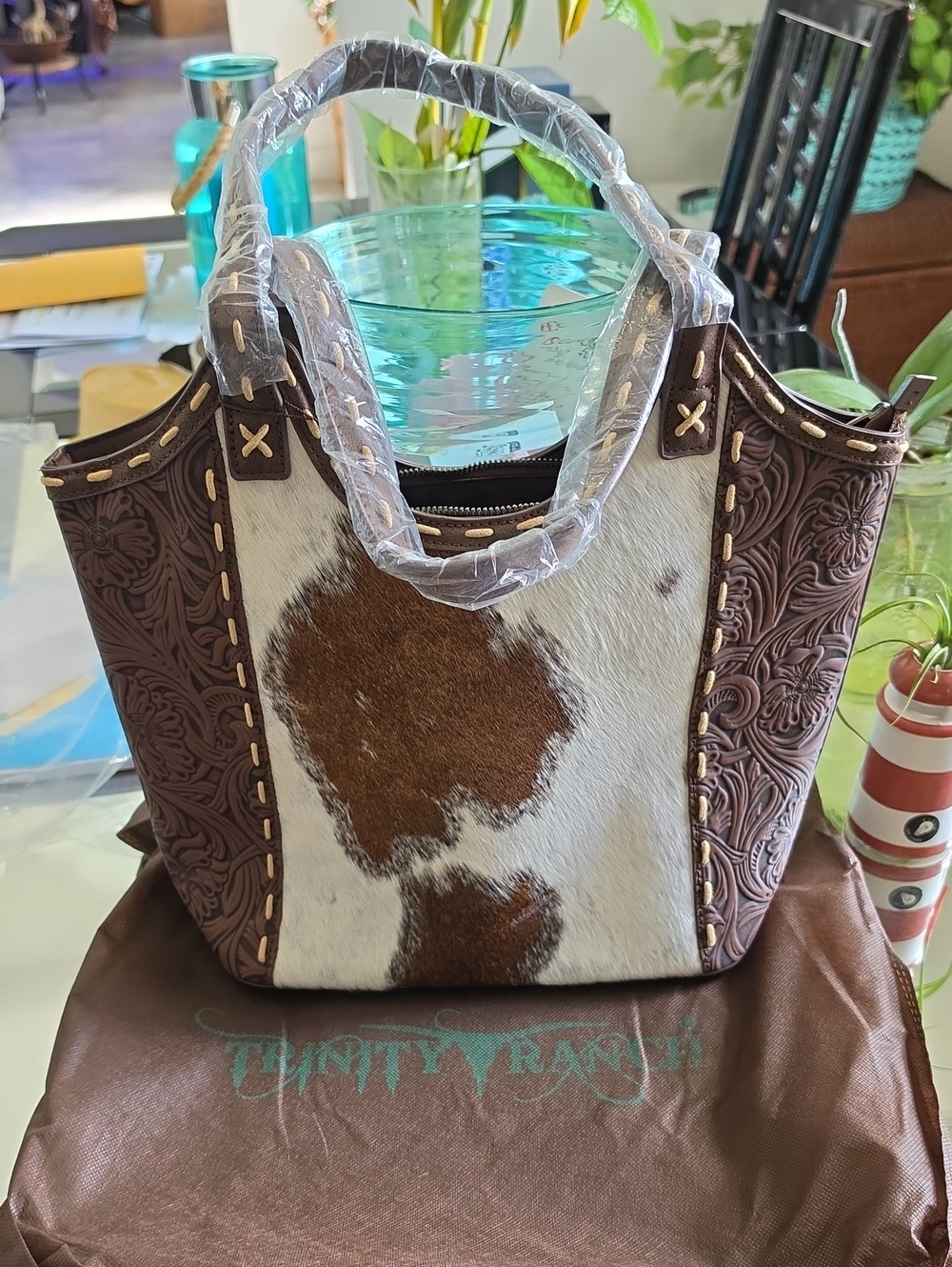 Brown & White Cowhide Tooled Leather Tote Bag